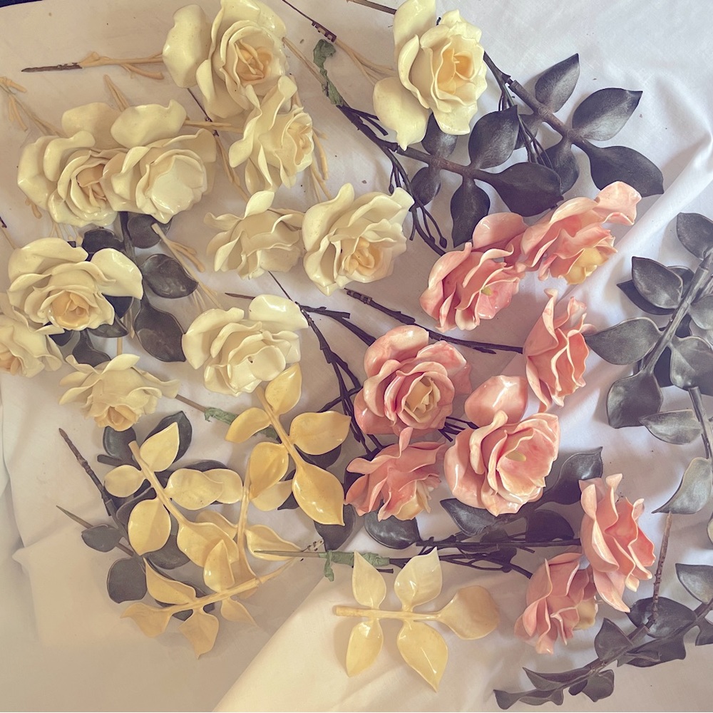 Lot of Vintage Faux Plastic Pink & White Roses w/ Leaves Decorative Floral Picks